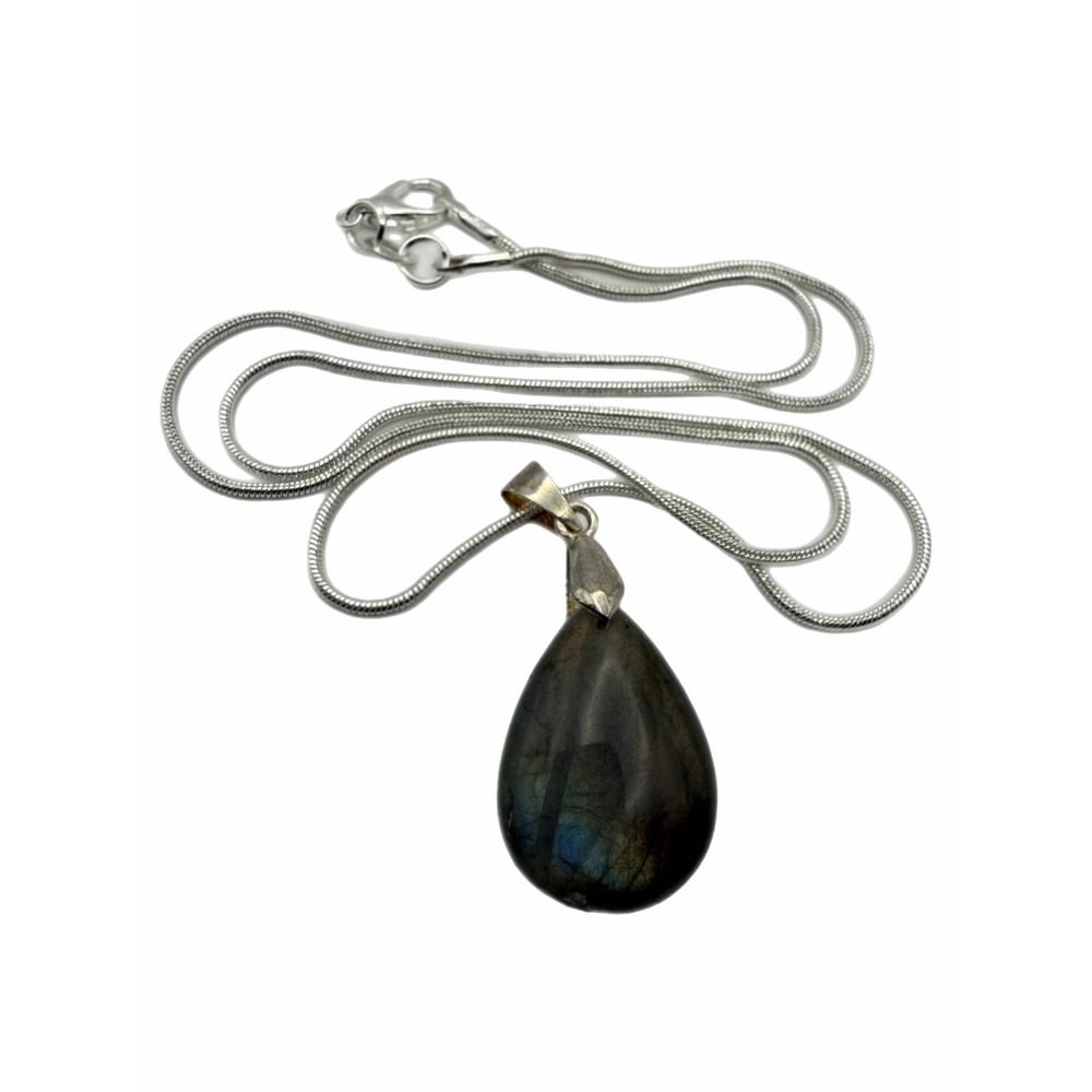 Labradorite Teardrop Pendant Sterling Silver Snake Chain Necklace Blue Flash